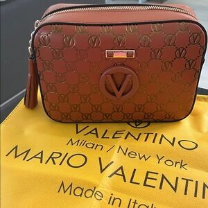 Valentino Mario Logo‎ Monogram Camera Bag Brown Leather Tassel Gold Hardware
